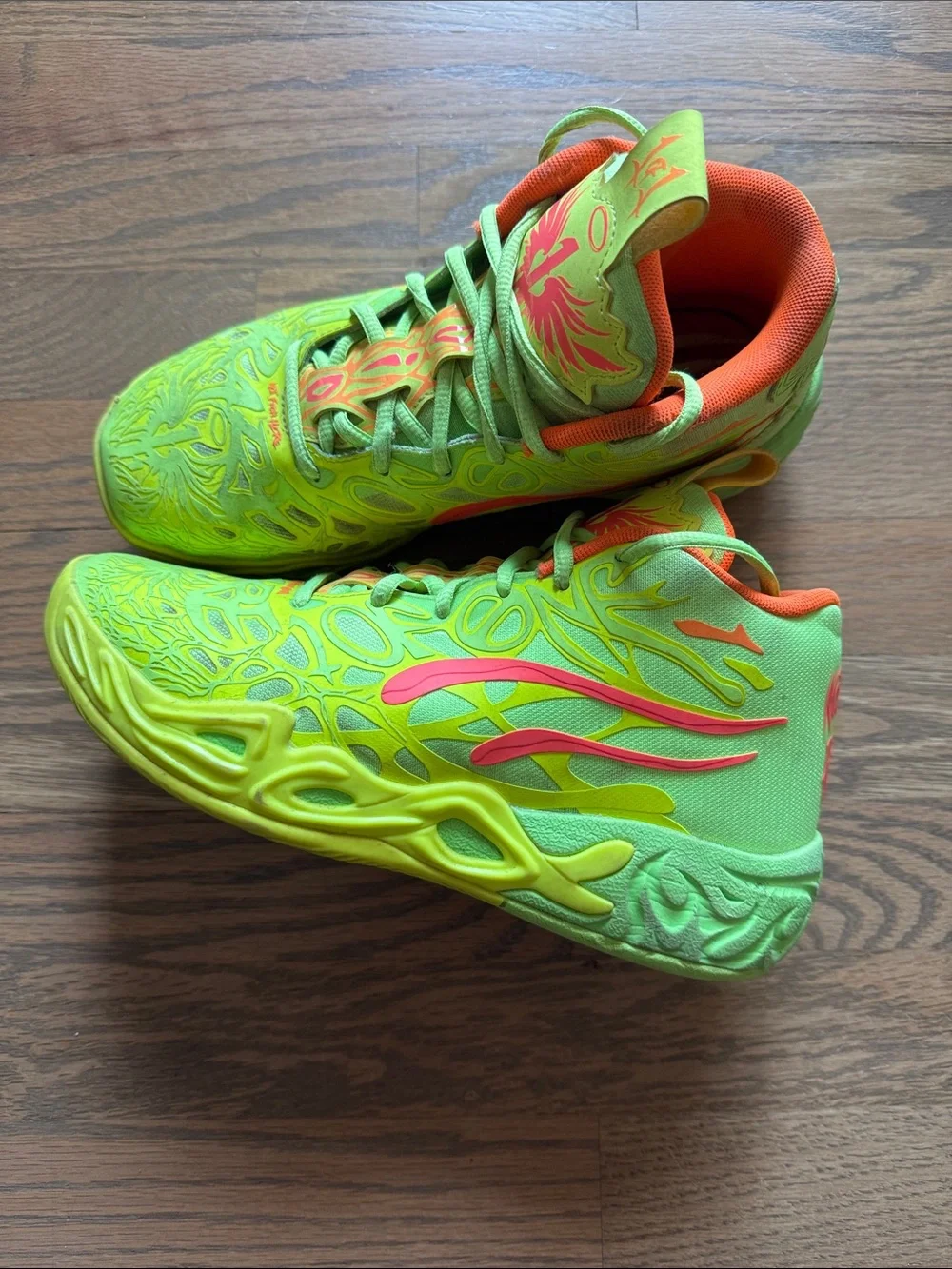 Puma x LaMelo Ball Kids Neon Green and Orange Basketball High-Top Sneakers